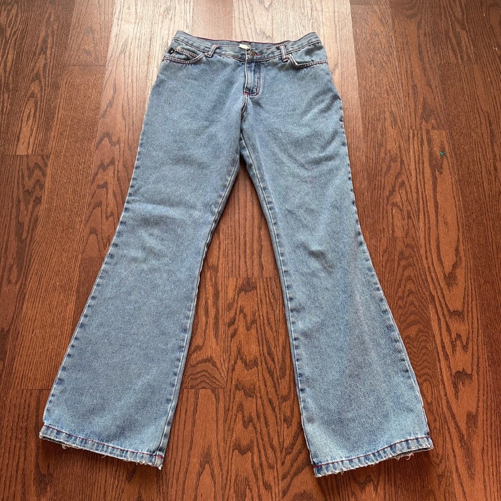 Vintage Playboy Light Wash Flare Jeans Pink Contrast Stitch Raw Hem Size 7